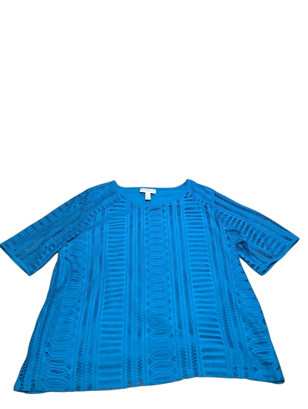 Dana Buchman Teal Blue Crochet Overlay Shortsleeve Boho Blouse EUC Size XL